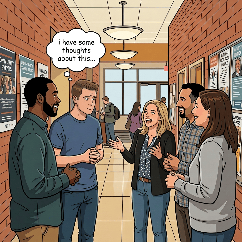Five adults converse in a community center hallway; speech bubble reads, "... halfformed ƒ- you & #*¯_? f✓rnes coming out... try™ to speak."